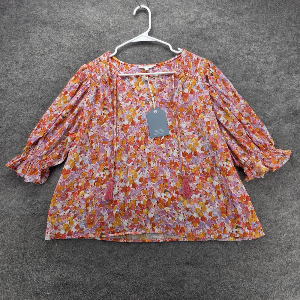 Emerson Rose Blouse Womens Large Pink Orange Floral 3/4 Sleeve Tassel Boho Top